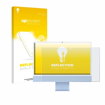 Parte frontale di una confezione del prodotto con il logo del marchio upscreen. Accanto è raffigurato il dispositivo Apple iMa