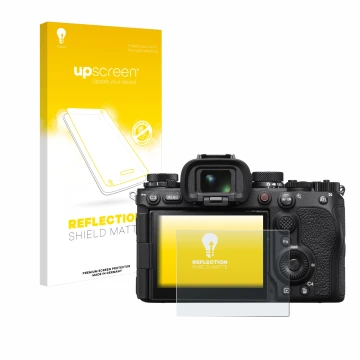 Parte frontale di una confezione del prodotto con il logo del marchio upscreen. Accanto è raffigurato il dispositivo Sony Alph