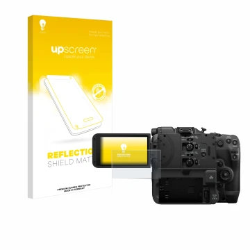 Parte frontale di una confezione del prodotto con il logo del marchio upscreen. Accanto è raffigurato il dispositivo Canon EOS