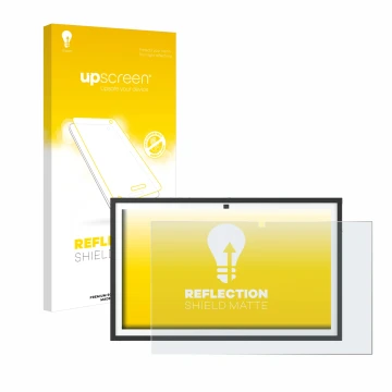 Parte frontale di una confezione del prodotto con il logo del marchio upscreen. Accanto è raffigurato il dispositivo Echo Show