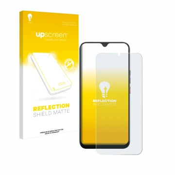 Parte frontale di una confezione del prodotto con il logo del marchio upscreen. Accanto è raffigurato il dispositivo Volla Pho