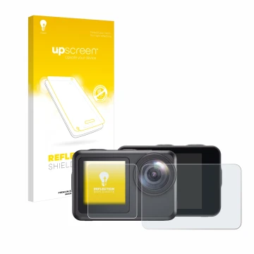 Parte frontale di una confezione del prodotto con il logo del marchio upscreen. Accanto è raffigurato il dispositivo Akaso Bra