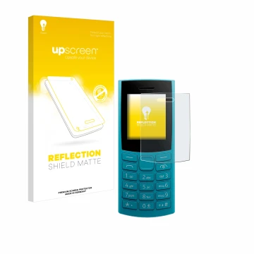 Parte frontale di una confezione del prodotto con il logo del marchio upscreen. Accanto è raffigurato il dispositivo Nokia 105