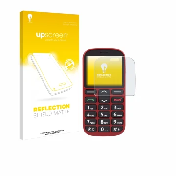 Parte frontale di una confezione del prodotto con il logo del marchio upscreen. Accanto è raffigurato il dispositivo Doro 1360