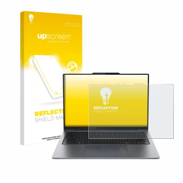 Parte frontale di una confezione del prodotto con il logo del marchio upscreen. Accanto è raffigurato il dispositivo Lenovo Th