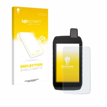 Parte frontale di una confezione del prodotto con il logo del marchio upscreen. Accanto è raffigurato il dispositivo Garmin Mo