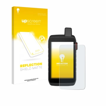 Parte frontale di una confezione del prodotto con il logo del marchio upscreen. Accanto è raffigurato il dispositivo Garmin Mo