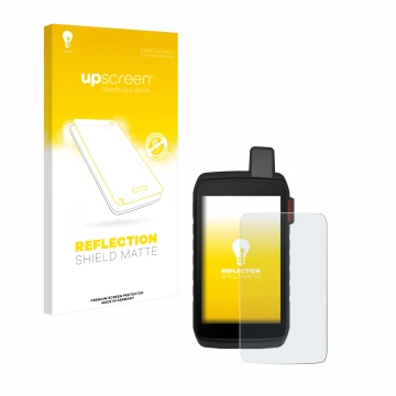 Parte frontale di una confezione del prodotto con il logo del marchio upscreen. Accanto è raffigurato il dispositivo Garmin Mo