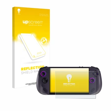 Parte frontale di una confezione del prodotto con il logo del marchio upscreen. Accanto è raffigurato il dispositivo Lenovo Le