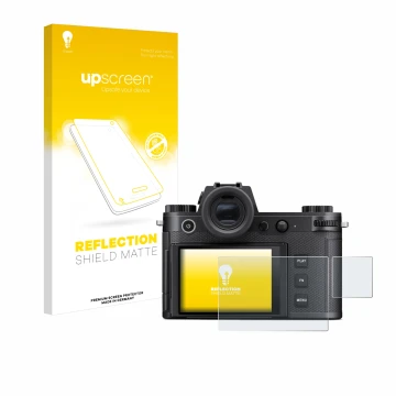Parte frontale di una confezione del prodotto con il logo del marchio upscreen. Accanto è raffigurato il dispositivo Leica SL3