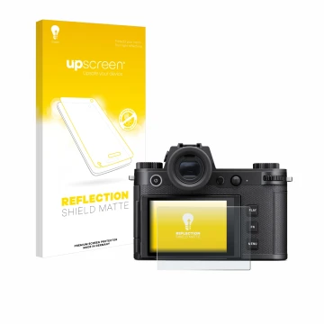 Parte frontale di una confezione del prodotto con il logo del marchio upscreen. Accanto è raffigurato il dispositivo Leica SL3