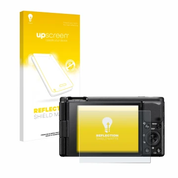 Parte frontale di una confezione del prodotto con il logo del marchio upscreen. Accanto è raffigurato il dispositivo Sony ZV-1