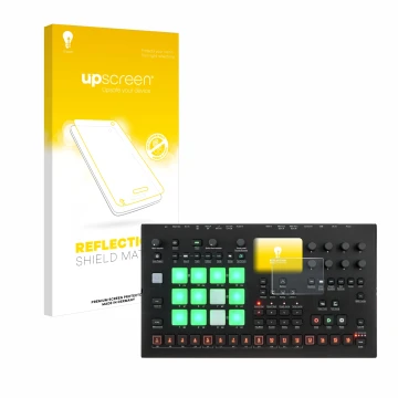 Parte frontale di una confezione del prodotto con il logo del marchio upscreen. Accanto è raffigurato il dispositivo Elektron 