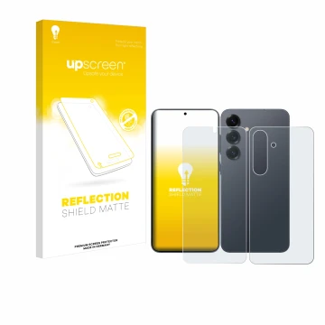 Parte frontale di una confezione del prodotto con il logo del marchio upscreen. Accanto è raffigurato il dispositivo Samsung G