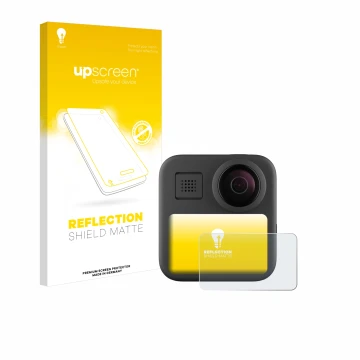 Parte frontale di una confezione del prodotto con il logo del marchio upscreen. Accanto è raffigurato il dispositivo GoPro Max