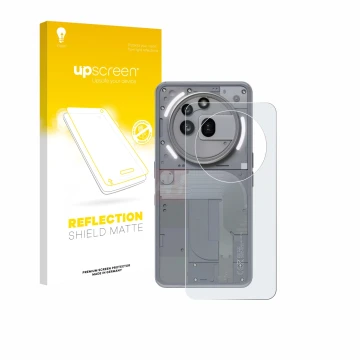 Parte frontale di una confezione del prodotto con il logo del marchio upscreen. Accanto è raffigurato il dispositivo Nothing P