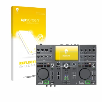 Parte frontale di una confezione del prodotto con il logo del marchio upscreen. Accanto è raffigurato il dispositivo Denon DJ 