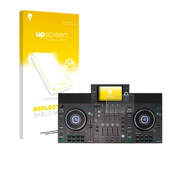 Parte frontale di una confezione del prodotto con il logo del marchio upscreen. Accanto è raffigurato il dispositivo Denon DJ 