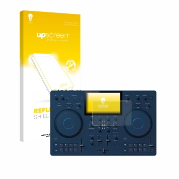 Parte frontale di una confezione del prodotto con il logo del marchio upscreen. Accanto è raffigurato il dispositivo AlphaThet