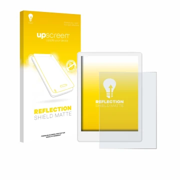 Parte frontale di una confezione del prodotto con il logo del marchio upscreen. Accanto è raffigurato il dispositivo Meebook M