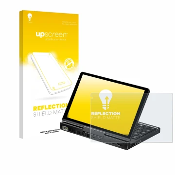 Parte frontale di una confezione del prodotto con il logo del marchio upscreen. Accanto è raffigurato il dispositivo GPD Pocke
