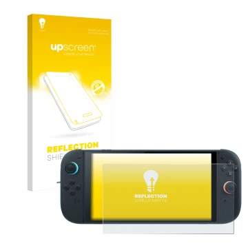 Parte frontale di una confezione del prodotto con il logo del marchio upscreen. Accanto è raffigurato il dispositivo Nintendo 