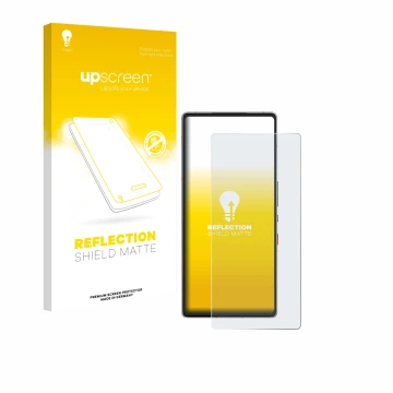 Parte frontale di una confezione del prodotto con il logo del marchio upscreen. Accanto è raffigurato il dispositivo ZTE Nubia