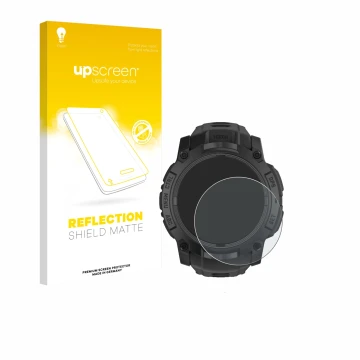 Parte frontale di una confezione del prodotto con il logo del marchio upscreen. Accanto è raffigurato il dispositivo Garmin In