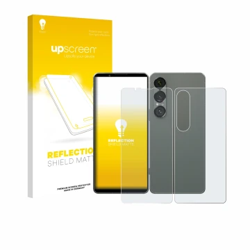 Parte frontale di una confezione del prodotto con il logo del marchio upscreen. Accanto è raffigurato il dispositivo Sony Xper