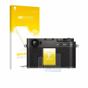Parte frontale di una confezione del prodotto con il logo del marchio upscreen. Accanto è raffigurato il dispositivo Fujifilm 