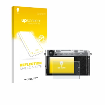 Parte frontale di una confezione del prodotto con il logo del marchio upscreen. Accanto è raffigurato il dispositivo Fujifilm 