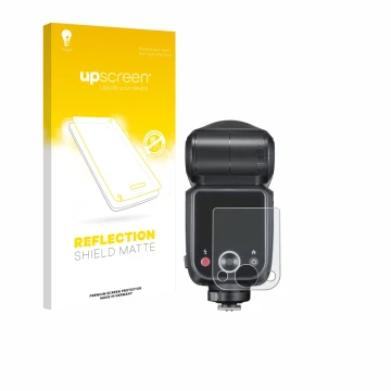 Parte frontale di una confezione del prodotto con il logo del marchio upscreen. Accanto è raffigurato il dispositivo Godox V10