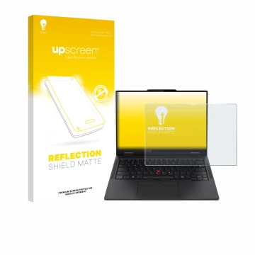 Parte frontale di una confezione del prodotto con il logo del marchio upscreen. Accanto è raffigurato il dispositivo Lenovo Th