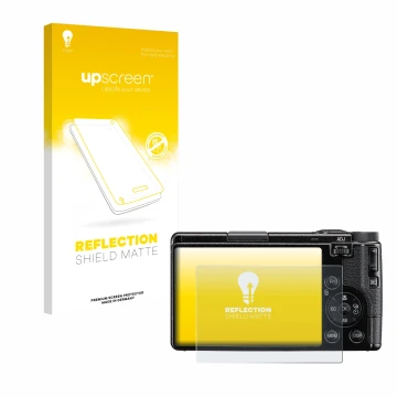 Parte frontale di una confezione del prodotto con il logo del marchio upscreen. Accanto è raffigurato il dispositivo Ricoh GR 