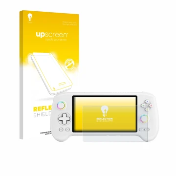 Parte frontale di una confezione del prodotto con il logo del marchio upscreen. Accanto è raffigurato il dispositivo Anbernic 