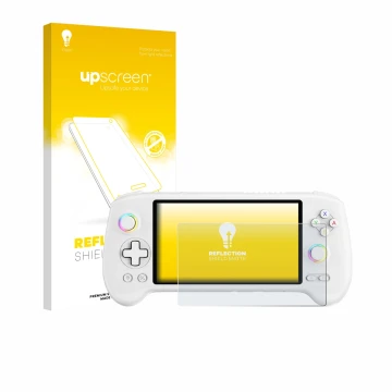 Parte frontale di una confezione del prodotto con il logo del marchio upscreen. Accanto è raffigurato il dispositivo Anbernic 