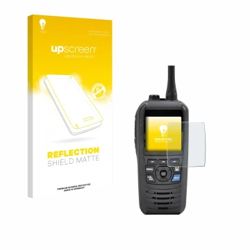 Parte frontale di una confezione del prodotto con il logo del marchio upscreen. Accanto è raffigurato il dispositivo Icom IC-M