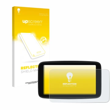 Parte frontale di una confezione del prodotto con il logo del marchio upscreen. Accanto è raffigurato il dispositivo TomTom GO