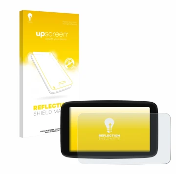 Parte frontale di una confezione del prodotto con il logo del marchio upscreen. Accanto è raffigurato il dispositivo TomTom GO