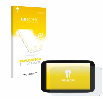 Parte frontale di una confezione del prodotto con il logo del marchio upscreen. Accanto è raffigurato il dispositivo TomTom Go