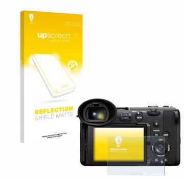 Parte frontale di una confezione del prodotto con il logo del marchio upscreen. Accanto è raffigurato il dispositivo Sony Cine