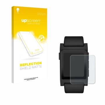 Parte frontale di una confezione del prodotto con il logo del marchio upscreen. Accanto è raffigurato il dispositivo Pebble 2 