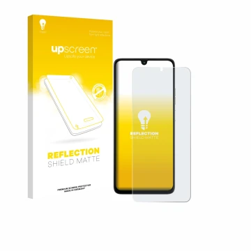 Parte frontale di una confezione del prodotto con il logo del marchio upscreen. Accanto è raffigurato il dispositivo Motorola 