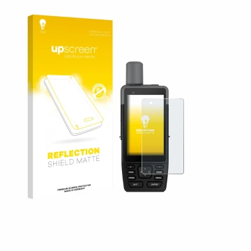 Parte frontale di una confezione del prodotto con il logo del marchio upscreen. Accanto è raffigurato il dispositivo Garmin GP