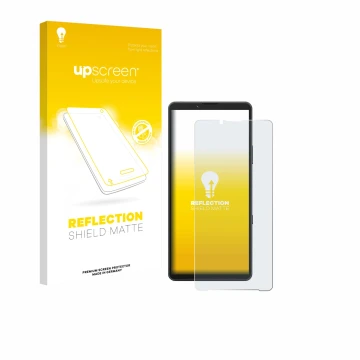 Parte frontale di una confezione del prodotto con il logo del marchio upscreen. Accanto è raffigurato il dispositivo Sony Xper