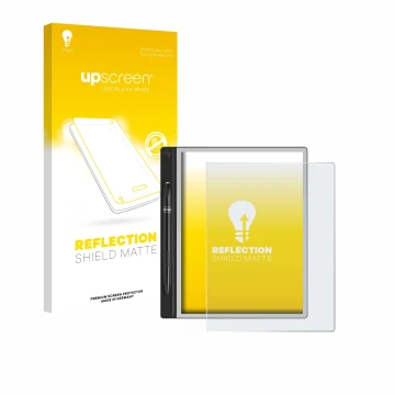 Parte frontale di una confezione del prodotto con il logo del marchio upscreen. Accanto è raffigurato il dispositivo Montblanc