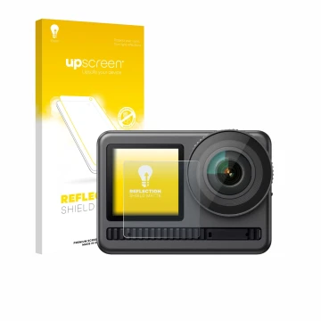 Parte frontale di una confezione del prodotto con il logo del marchio upscreen. Accanto è raffigurato il dispositivo Akaso Bra