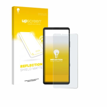 Parte frontale di una confezione del prodotto con il logo del marchio upscreen. Accanto è raffigurato il dispositivo Sony Xper