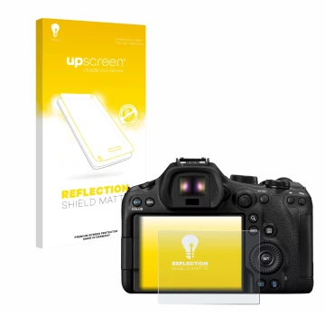 Parte frontale di una confezione del prodotto con il logo del marchio upscreen. Accanto è raffigurato il dispositivo Canon EOS