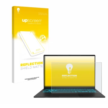 Parte frontale di una confezione del prodotto con il logo del marchio upscreen. Accanto è raffigurato il dispositivo ASUS V16 